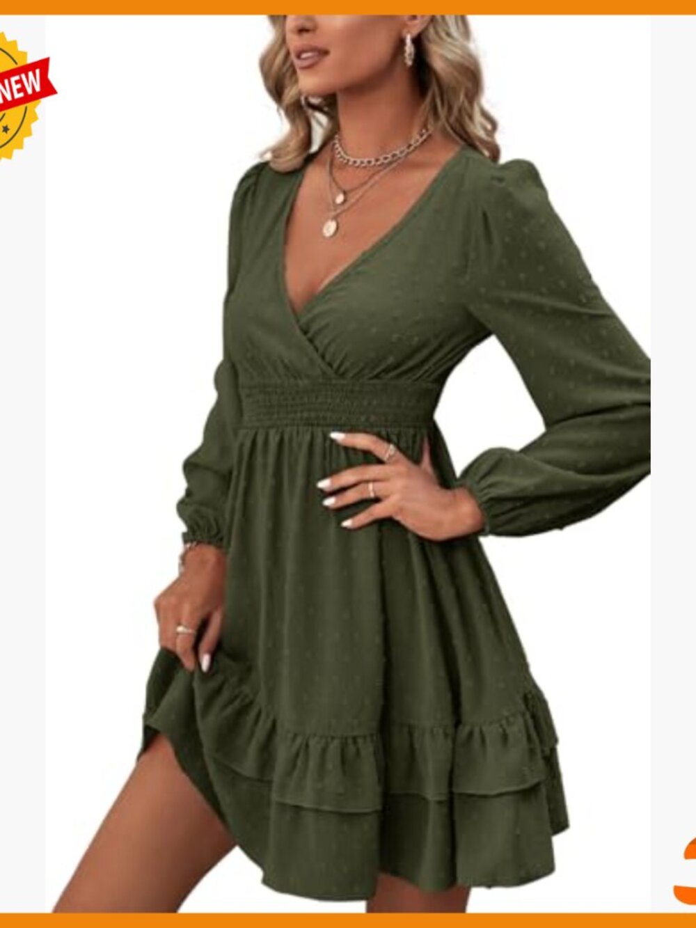 Long Sleeve Wrap Mini Dress with Ruffle Hem Swiss Dots Fabric - Picture 4 of 7